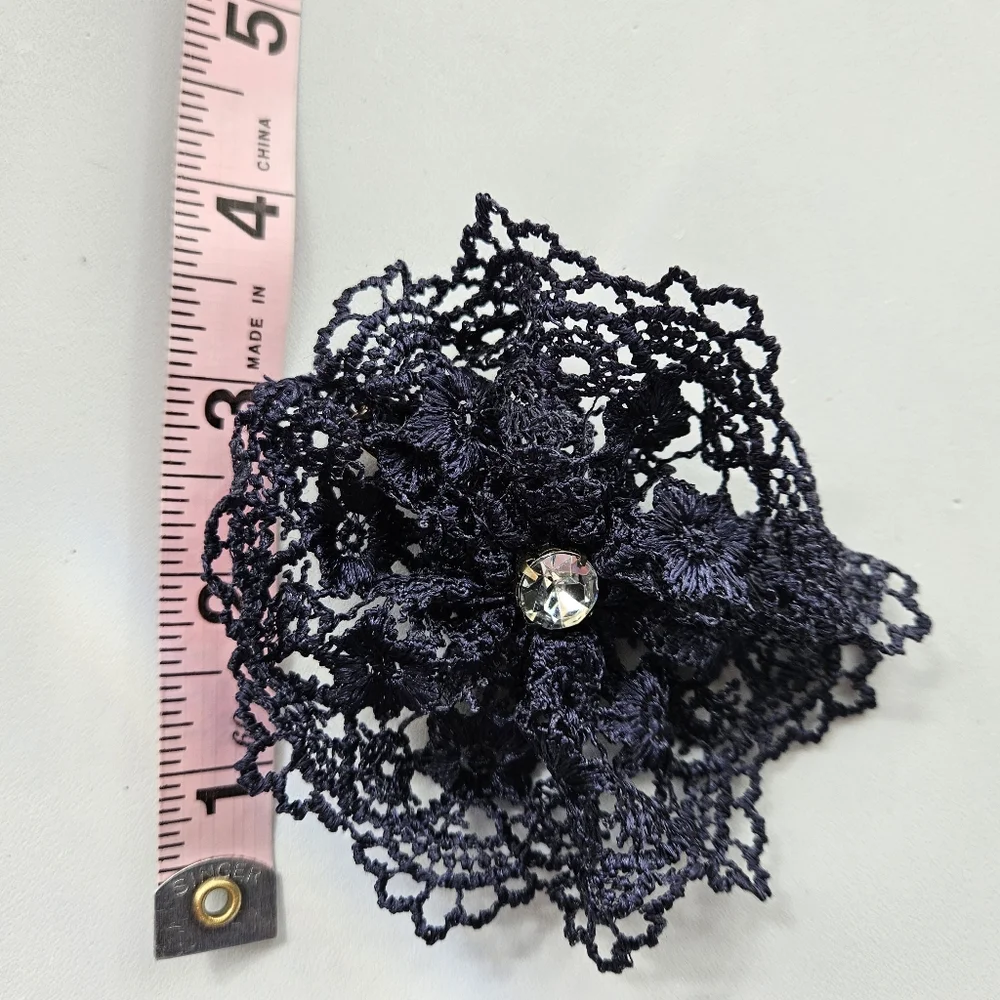 Navy Blue Crochet Crystal Center Flower Hair Clip | SZ 4